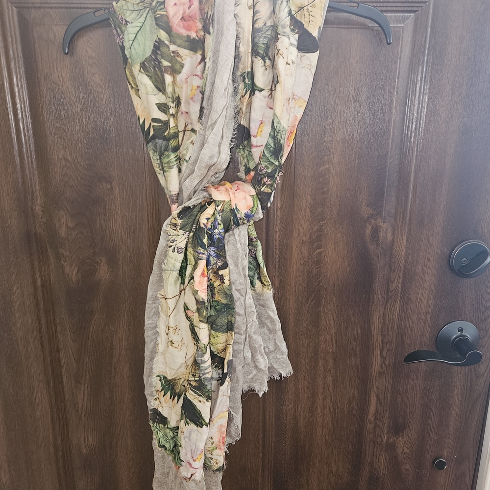 Anthropologie Floral Sheer Wrap Scarf - Green & Pink & Cream